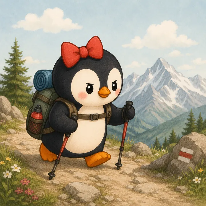 Stormy as a penguin with a red bow, hiking a mountain trail with a backpack and trekking poles.