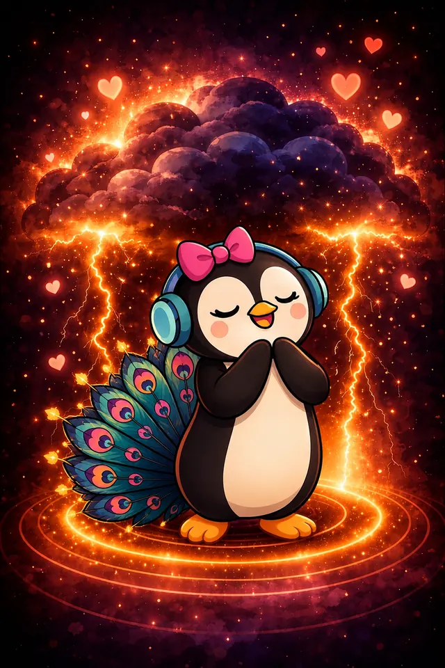 Stormy as a pfauguin, a penguin with a peacock's fan tail, wearing headphones under a glowing storm cloud.